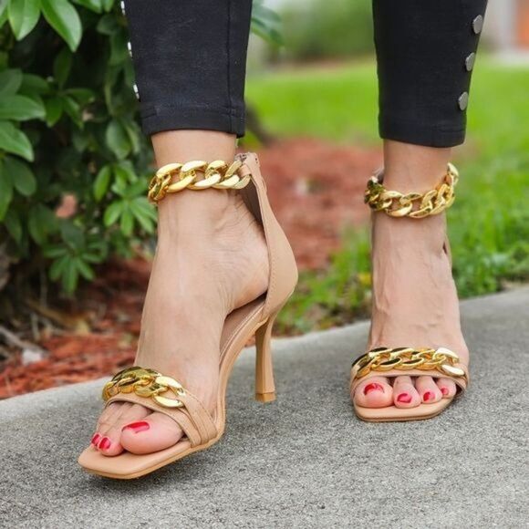 Womens Ankle Strap Heels Chains Stiletto Sandals Nude Color - Picture 1 of 5
